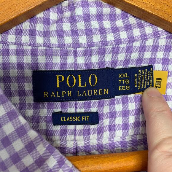 Polo Ralph Lauren men's purple gingham check long sleeve button up shirt XXL 2XL - Picture 9 of 11